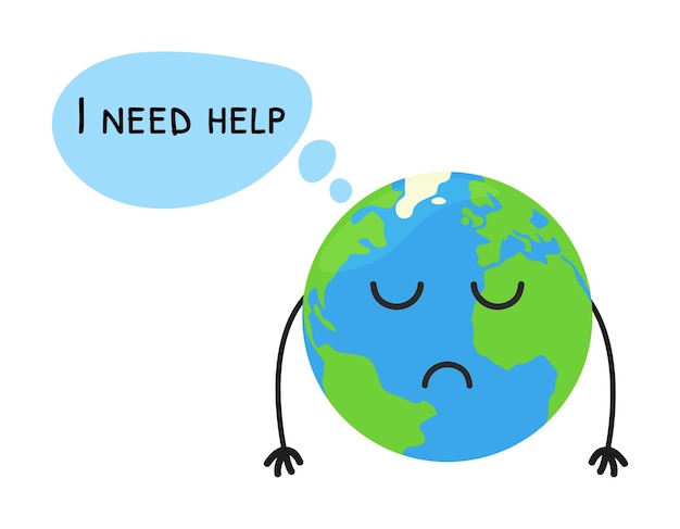 Sad Earth thinking I need help. Cartoon cute planet is sad with hands down. Vector isolated illustration.