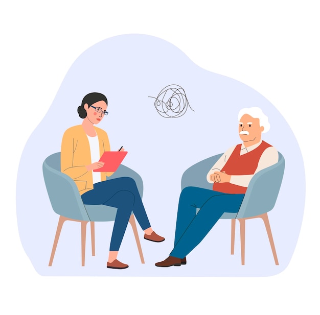 Sad elderly man talking with psychologist on the chairs Vector flat style illustration