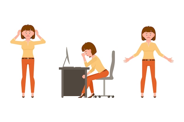 Vector sad exhausted miserable office lady in orange pants vector illustration