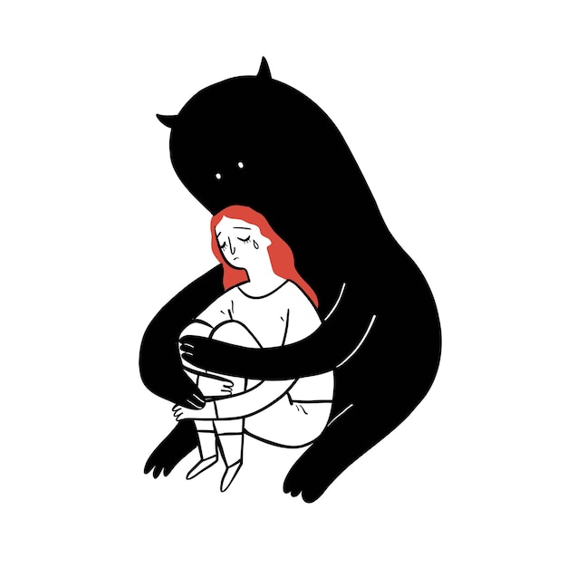 The sad girl sitting alone hugged by a black shadow from behind