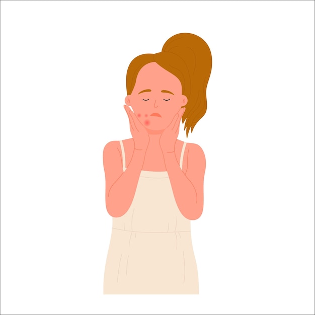 Vector sad girl with facial skin allergy