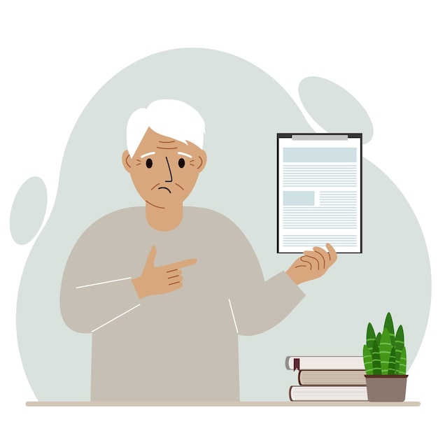 Sad grandfather holding a clipboard with a document and points his finger at it. Vector flat illustration