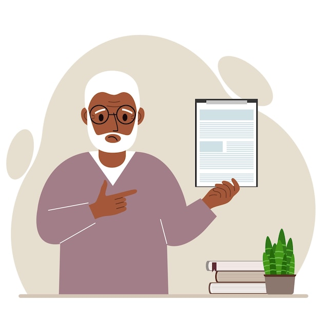 Sad grandfather holding a clipboard with a document and points his finger at it. Vector