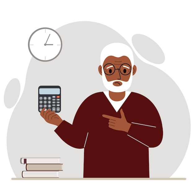 A sad grandfather holds a digital calculator in his hand and gestures, pointing with the finger of his other hand to the calculator.