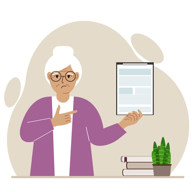 Sad grandmother holding a clipboard with a document and points his finger at it. Vector