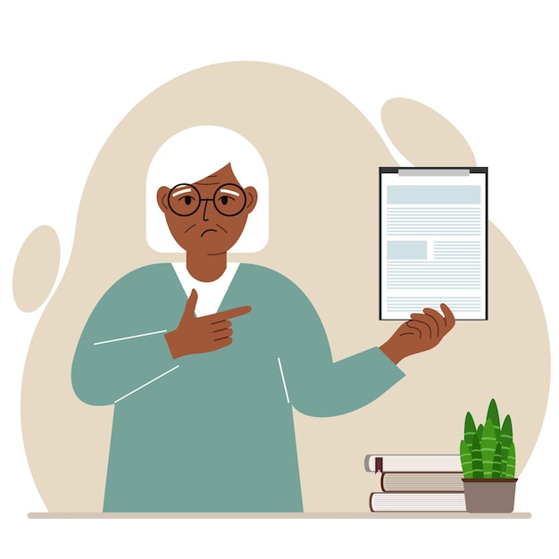 Sad grandmother holding a clipboard with a document and points his finger at it. Vector