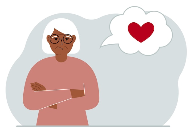 Sad grandmother thinks about love. In the balloon of thought is a red heart. Vector