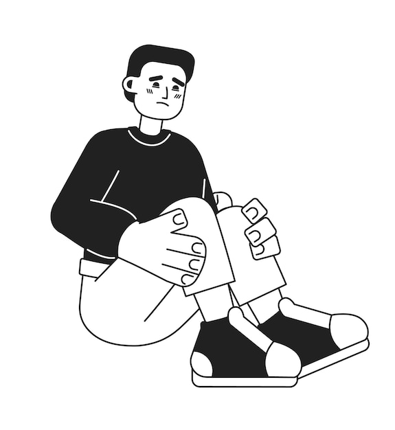 Sad hispanic boy monochromatic flat vector character Scared young man sitting hugging knees Editable thin line full body person on white Simple bw cartoon spot image for web graphic design