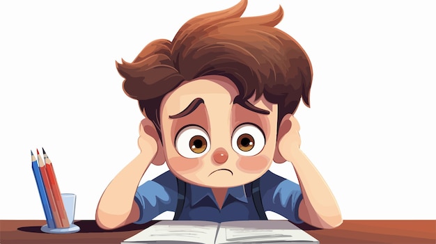 Vector sad kid boy with bad mark from exam cartoon vector illustration