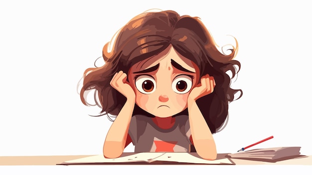 Vector sad kid girl with bad mark from exam cartoon vector