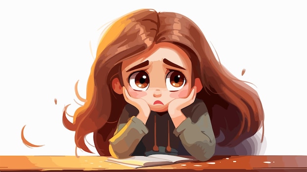 Vector sad kid girl with bad mark from exam cartoon vector