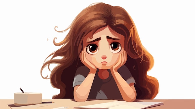 Vector sad kid girl with bad mark from exam cartoon vector