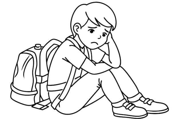 Vector sad kid sitting alone with backpack on floor