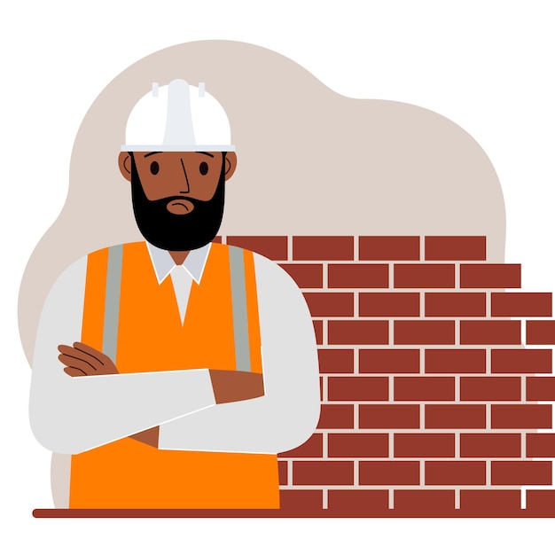 Sad male construction worker in a white helmet and an orange vest. Vector flat illustration