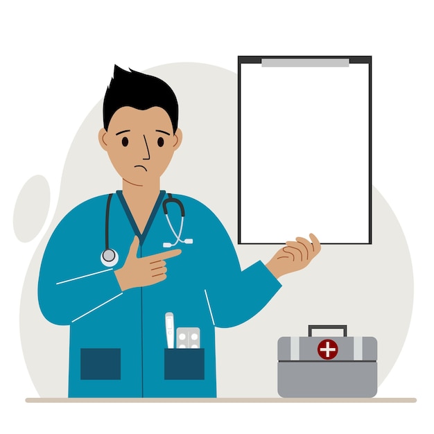 Sad man doctor holding a file with blank paper for text. Vector flat illustration