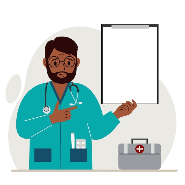 Sad man doctor holding a file with blank paper for text. Vector flat illustration