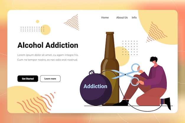 Vector sad man drinker alcoholic holding scissors to cut metal chain addicted drunk guy having problem alcohol addiction cutting away bad habit concept horizontal full length copy space vector illustration