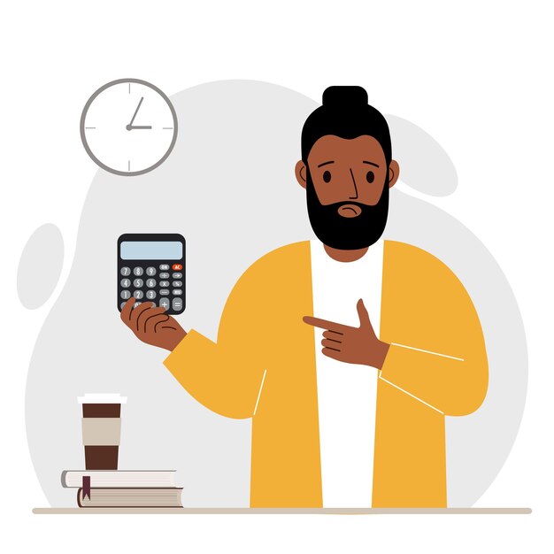 A sad man holds a digital calculator in his hand and gestures, pointing with the finger of his other hand to the calculator. Vector flat illustration