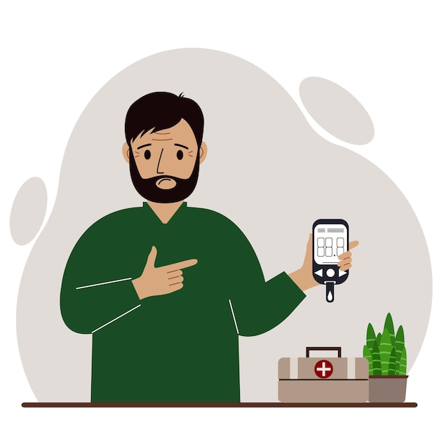 Sad man holds a glucometer in his hand The concept of blood sugar control diabetic Vector flat illustration