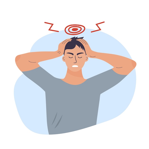 Vector sad man is holding his head with his hands man suffers from headaches and migraines