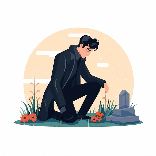 Sad man kneeling near a grave with his head bowed Vector illustration