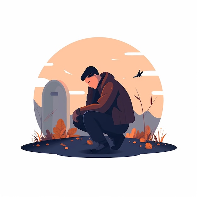 Sad man kneeling near a grave with his head bowed Vector illustration