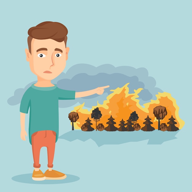 Sad man pointing to wildfire.