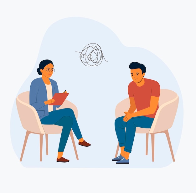 Sad man talking with psychologist on the chairs Vector flat style illustration