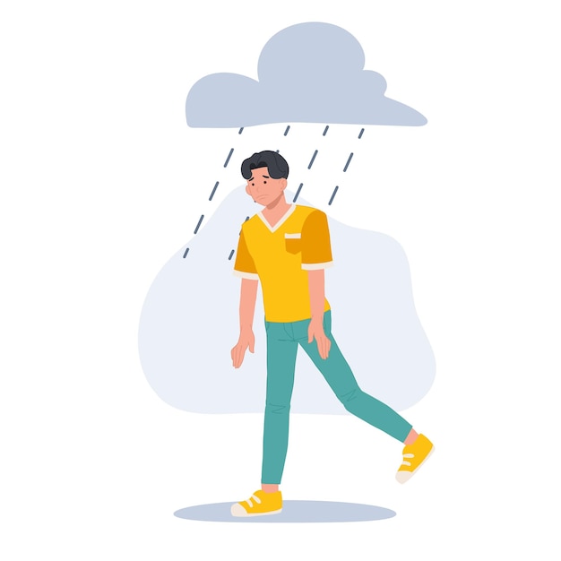 Sad man walking under the rain Overcast weather Emotions Solitude concept vector illustration