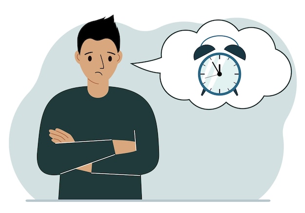 Sad man with a balloon of air thoughts with an alarm clock. Time management, planning, organization of working time, effective business, deadline. Vector flat illustration