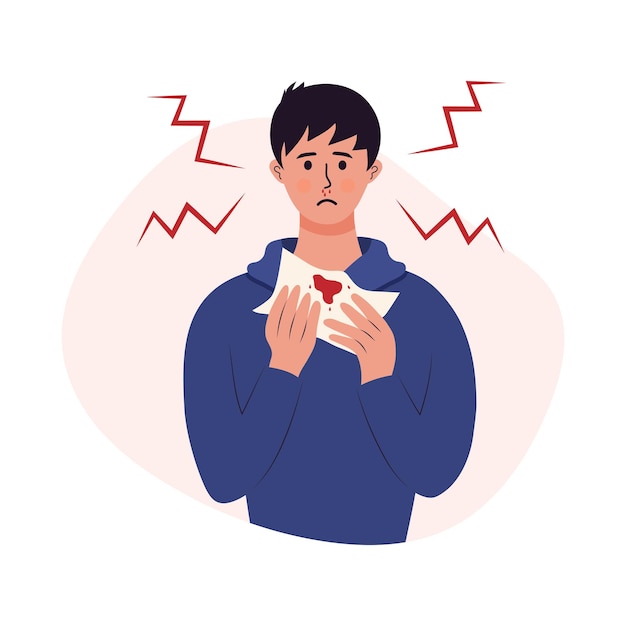 Sad man with a nosebleed holding napkin Nasal bleeding disease health problem concept