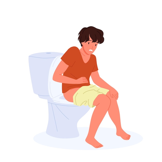 Sad man with stomach pain or diarrhea sitting on toilet bowl constipated sick guy