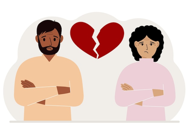 Vector sad man and woman next to a broken red heart broken heart