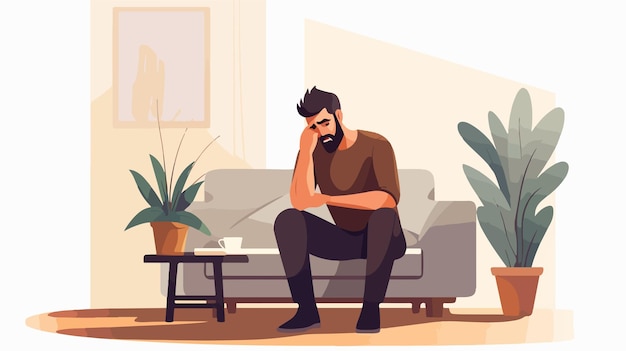 Vector sad mature man sitting in living room with hand on knee