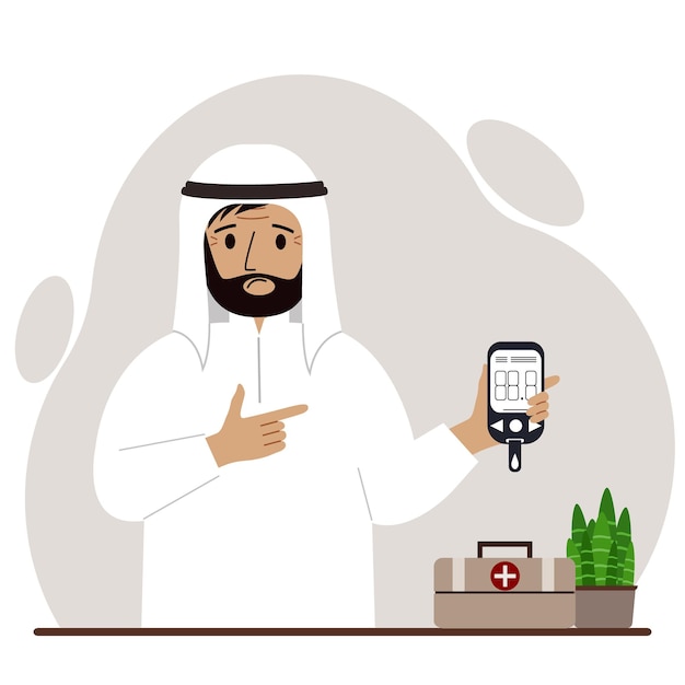 Sad muslim man holds a glucometer in his hand The concept of blood sugar control diabetic Vector flat illustration