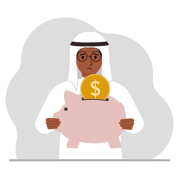 Sad muslim man holds a piggy bank a coin falls into the piggy bank The concept of saving finance savings investing finances Vector flat illustration