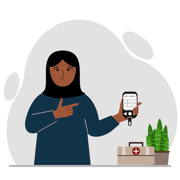 Sad muslim woman holds a glucometer in his hand The concept of blood sugar control diabetic Vector flat illustration