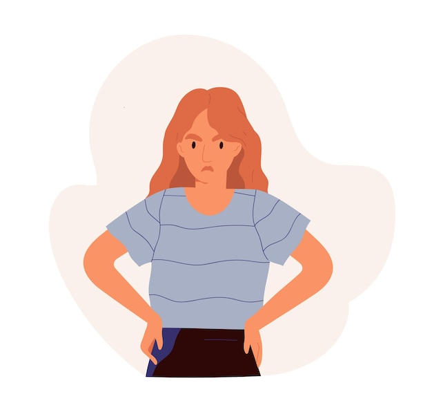 Sad offended woman sulking and expressing angry emotion. Frustrated female character with unhappy face expression. Colored flat vector illustration of irritated person isolated on white background.