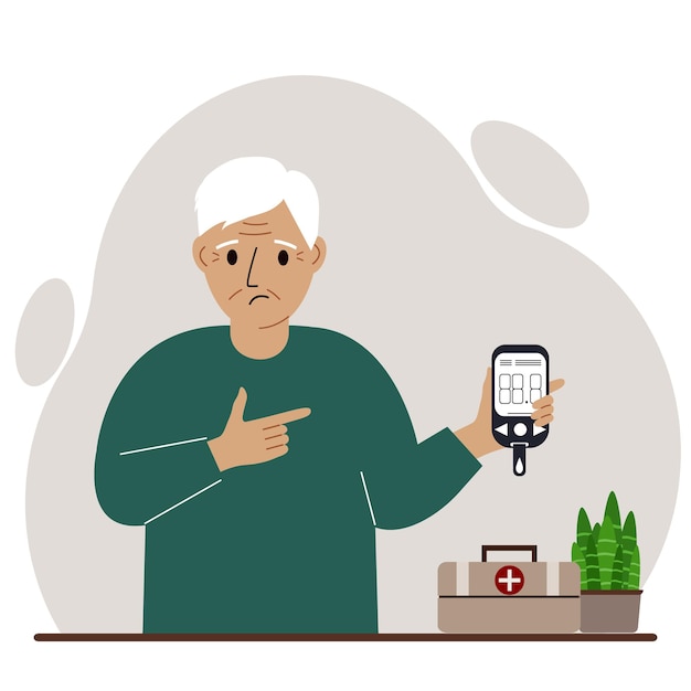 Sad old man holds a glucometer in his hand The concept of blood sugar control diabetic Vector flat illustration