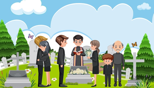 Sad people at christian funeral ceremony