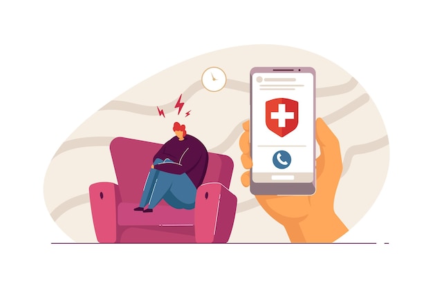 Sad person sitting on sofa and hand with phone. Cartoon character hugging knees waiting for doctor flat vector illustration. Mental health, medicine concept for banner, website design or landing page