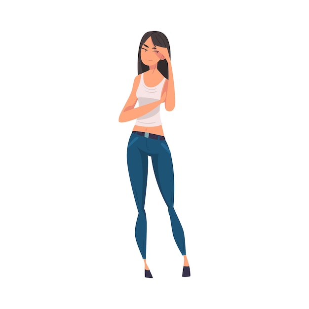 Sad stressed brunette girl in blue jeans and white tank top cartoon vector illustration on white