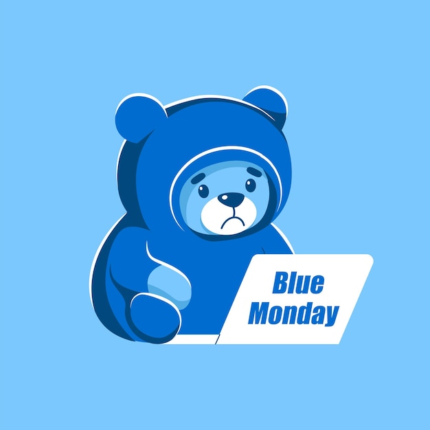 Vector sad teddy bear is sitting in front of a laptop blue monday cartoon flat vector illustration