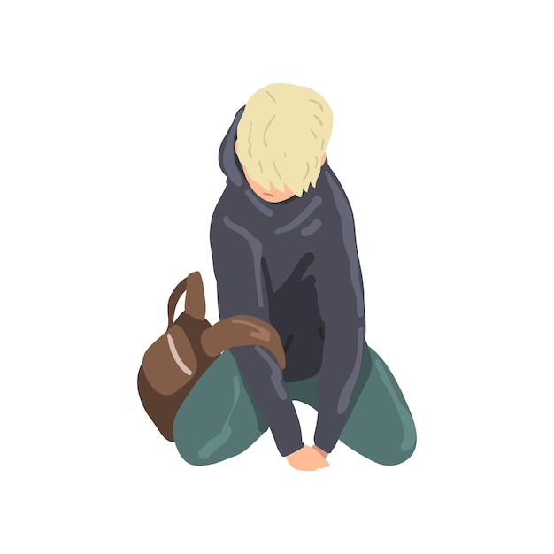 Sad teen boy sitting on floor depressed lonely teenager vector illustration on a white background