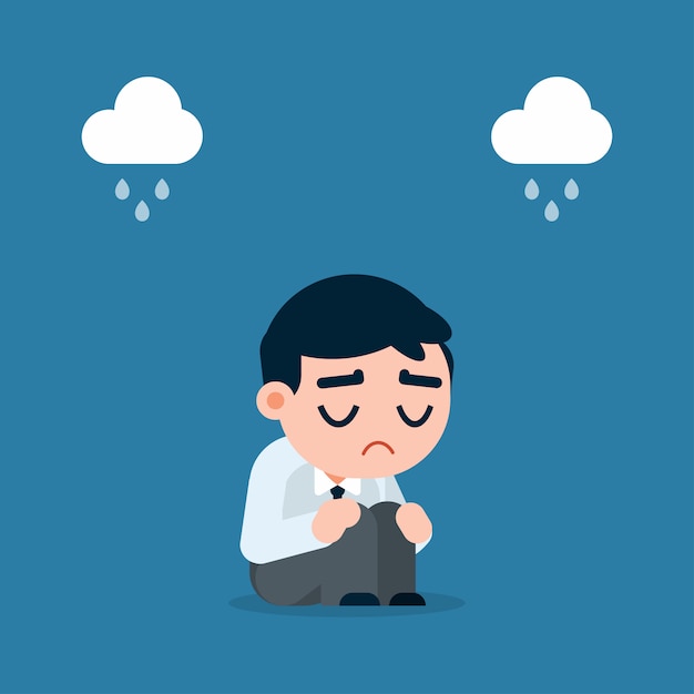 Sad and tired businessman with depression sitting on the floor, cartoon vector illustration.