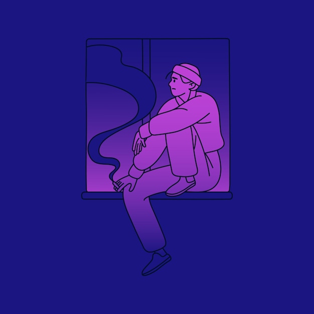 Vector sad unhappy person smoking and looking out window upset depressed character in despair feeling loneliness thinking psychology problem crisis trouble sadness concept flat vector illustration