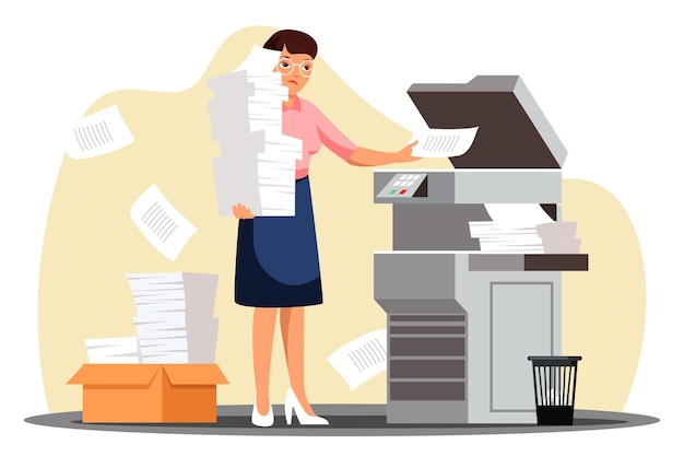 Vector sad unhappy secretary photocopying document pile overworked woman holding paper stack standing by printer in office stressful bureaucracy