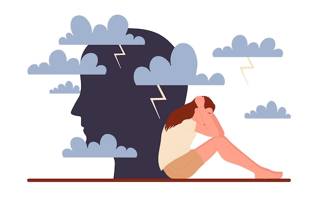 Vector sad upset young woman sitting under rain clouds of anxiety emotion mental health concept