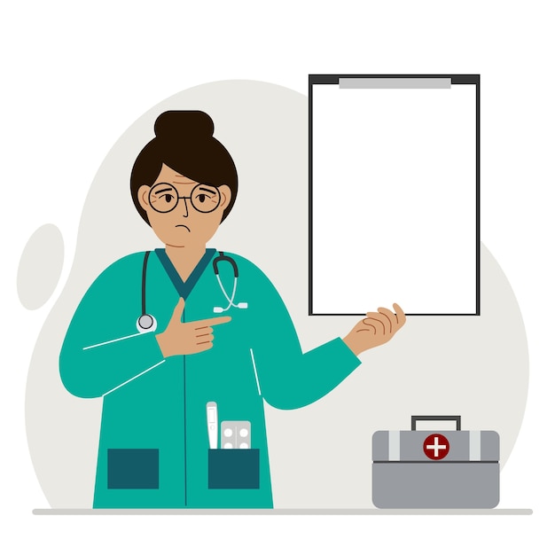 Sad woman doctor holding a file with blank paper for text. Vector