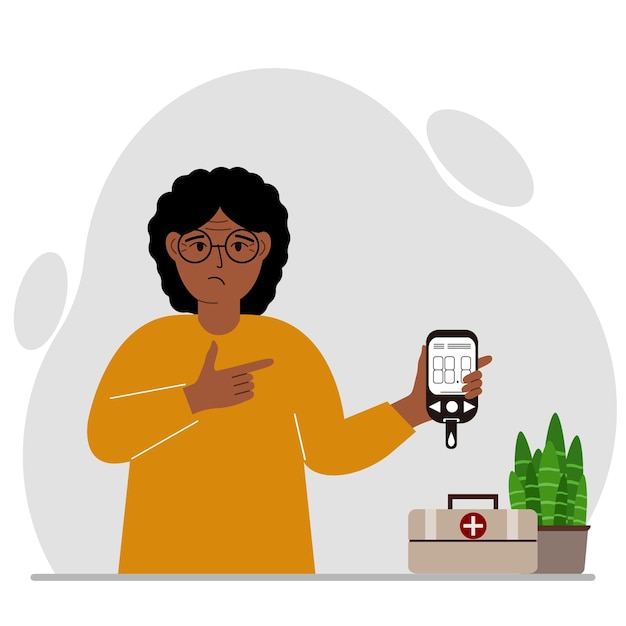 Sad woman holds a glucometer in his hand The concept of blood sugar control diabetic Vector flat illustration